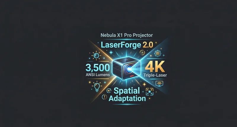 An infographic detailing the LaserForge 2.0 visual specs of the Soundcore Nebula X1 Pro, featuring 3,500 ANSI lumens, 4K triple-laser technology, and smart spatial adaptation.
