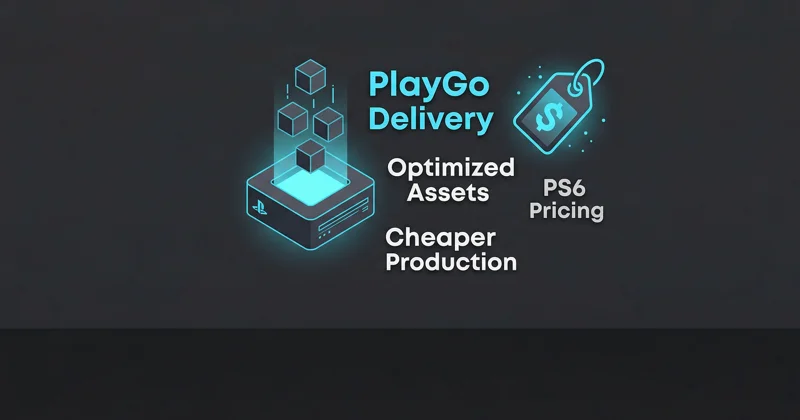 Infographic explaining the new PlayStation PlayGo smart delivery system, optimized asset downloads, and cheaper manufacturing costs for the PS6.