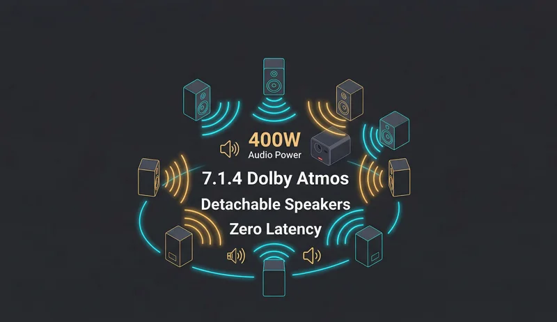 An infographic illustrating the massive 400-watt 7.1.4 Dolby Atmos audio setup of the Soundcore Nebula X1 Pro, highlighting the detachable wireless satellite speakers and zero latency performance.