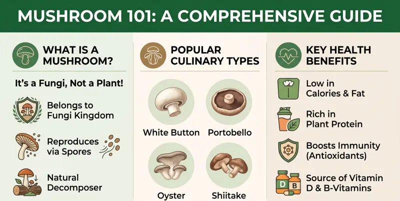 An infographic titled Mushroom 101 explaining what a mushroom is, showcasing popular types like White Button, Portobello, Oyster, and Shiitake, and listing key health benefits.