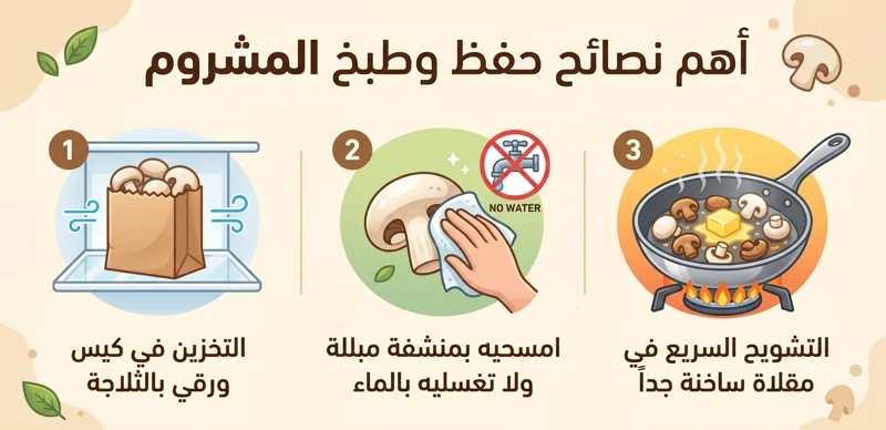 إنفوجرافيك عملي يوضح أهم نصائح حفظ الفطر الطازج في أكياس ورقية بالثلاجة، وطريقة تنظيفه بمنشفة مبللة، وخطوات تشويحه الصحيحة في مقلاة ساخنة.