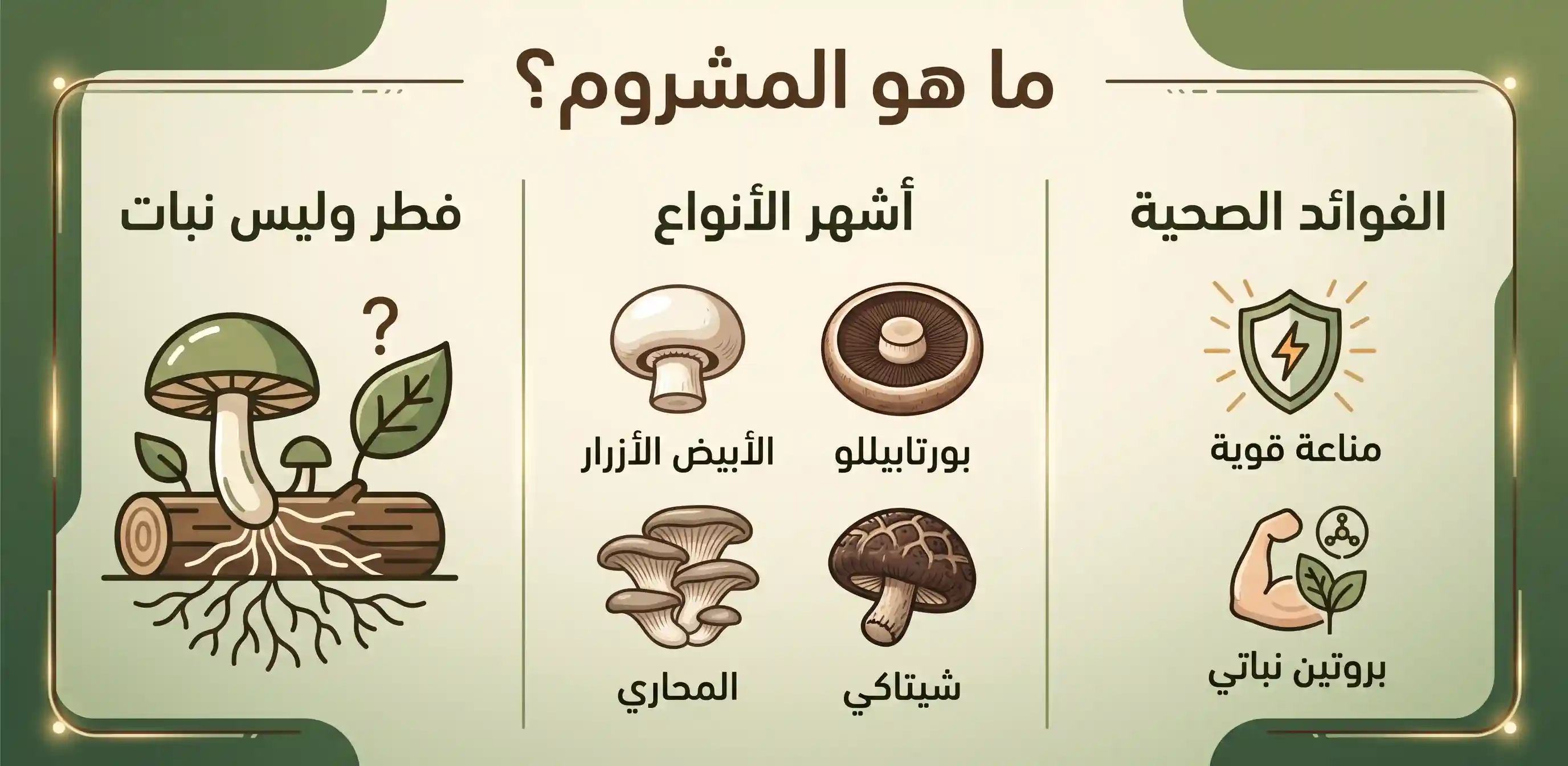 إنفوجرافيك يوضح ما هو المشروم، وأشهر أنواعه الصالحة للأكل مثل المشروم الأبيض والشيتاكي، بالإضافة إلى أهم فوائده الصحية.