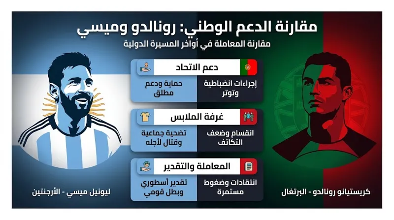 المعاملة القاسية التي تعرض لها كريستيانو رونالدو من منتخب البرتغال والدعم المطلق الذي حظي به ليونيل ميسي من الأرجنتين بناءً على تصريحات الركراكي.